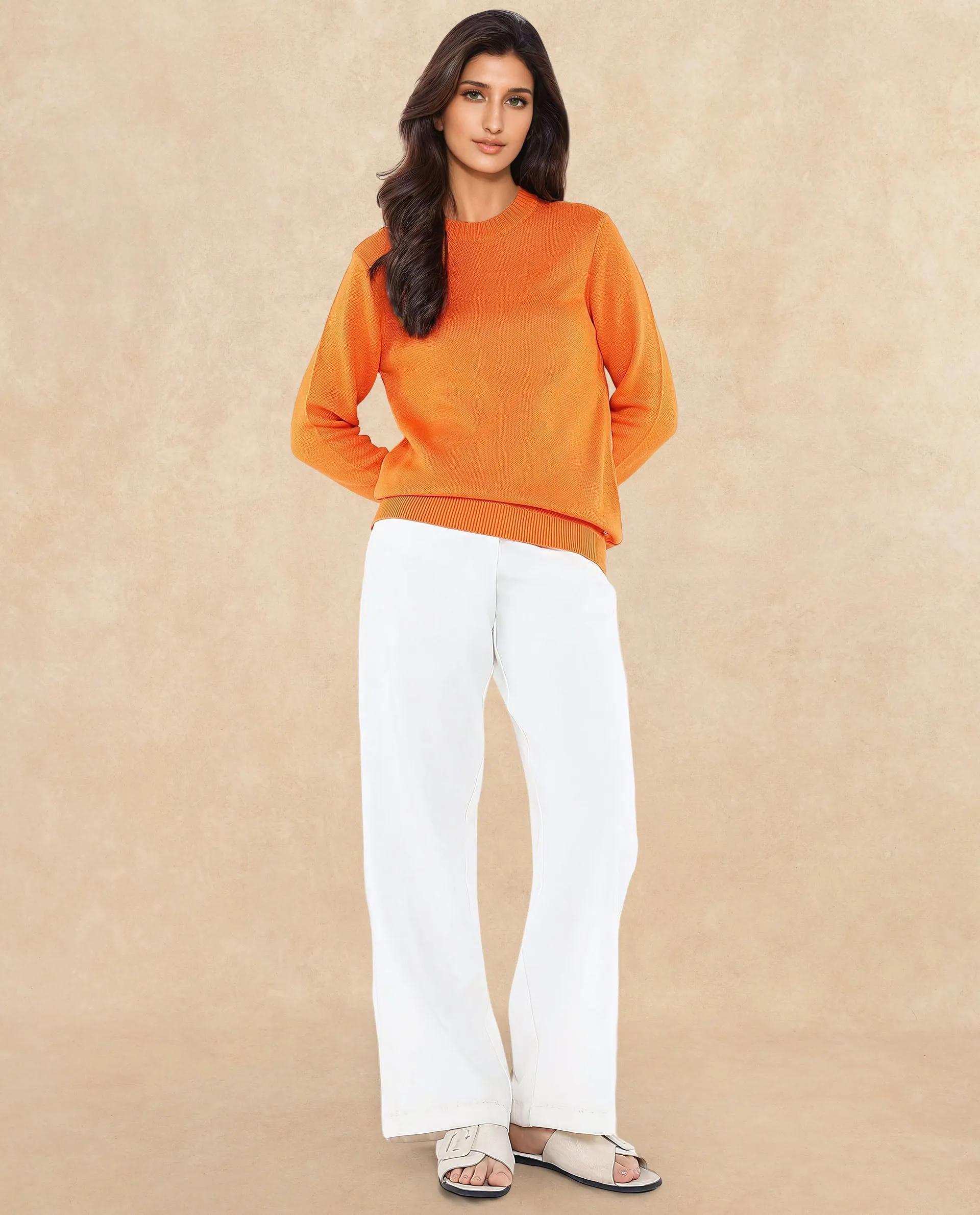 Rareism Women Ruto Orange Relaxed Fit Printed Sweater