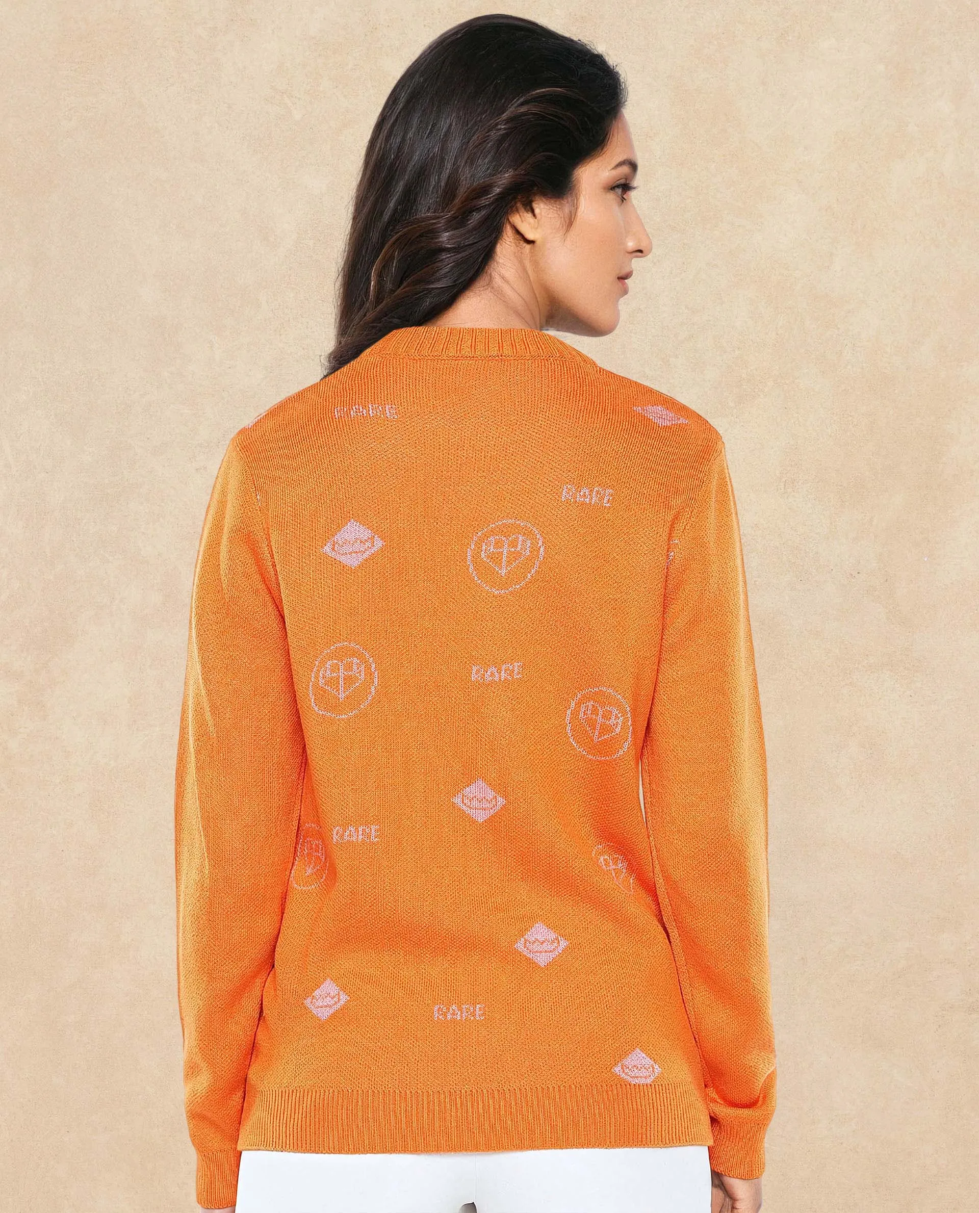 Rareism Women Ruto Orange Relaxed Fit Printed Sweater