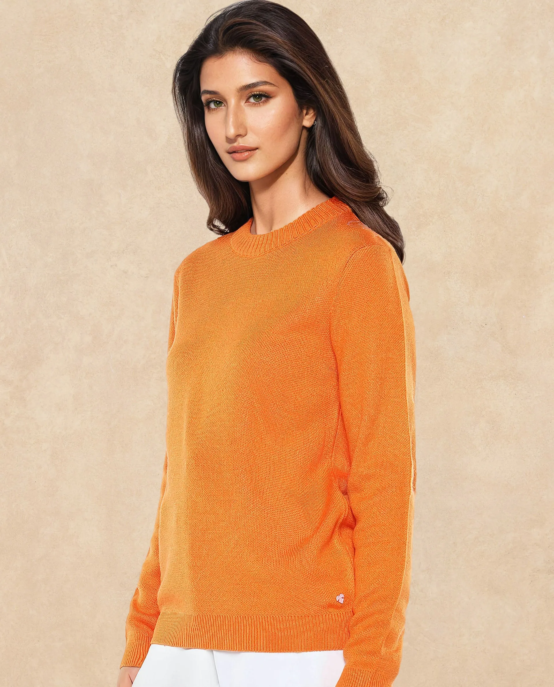 Rareism Women Ruto Orange Relaxed Fit Printed Sweater