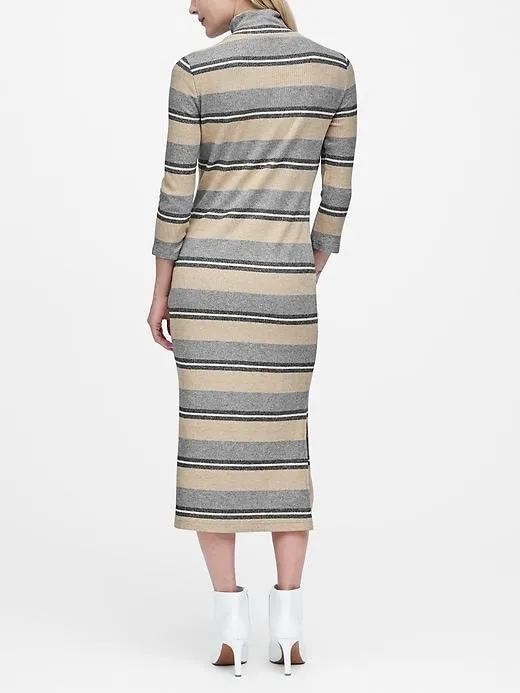 Stripe Luxespun Turtleneck Dress in Champagne & Gray Stripe