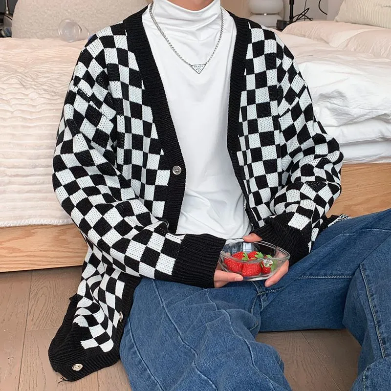 Trendy Color Block Cardigan Knitted Loose Fit Checkerboard Sweater