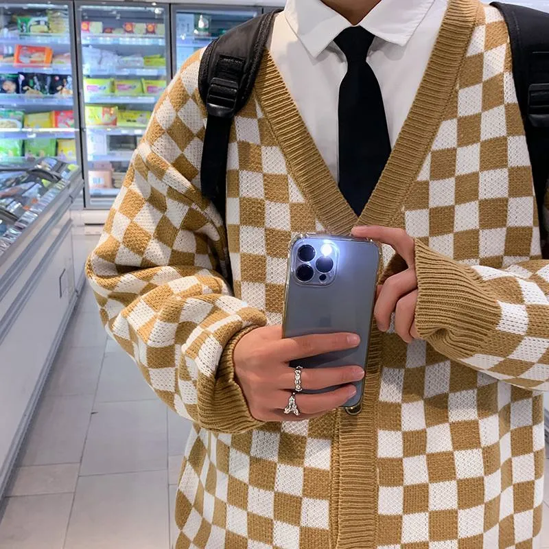 Trendy Color Block Cardigan Knitted Loose Fit Checkerboard Sweater
