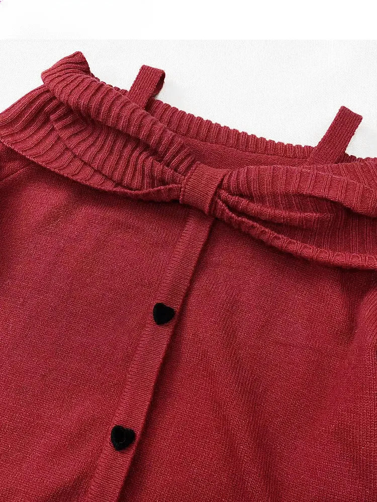 Wine Red Off-the-shoulder Neckline Knitted Sweater