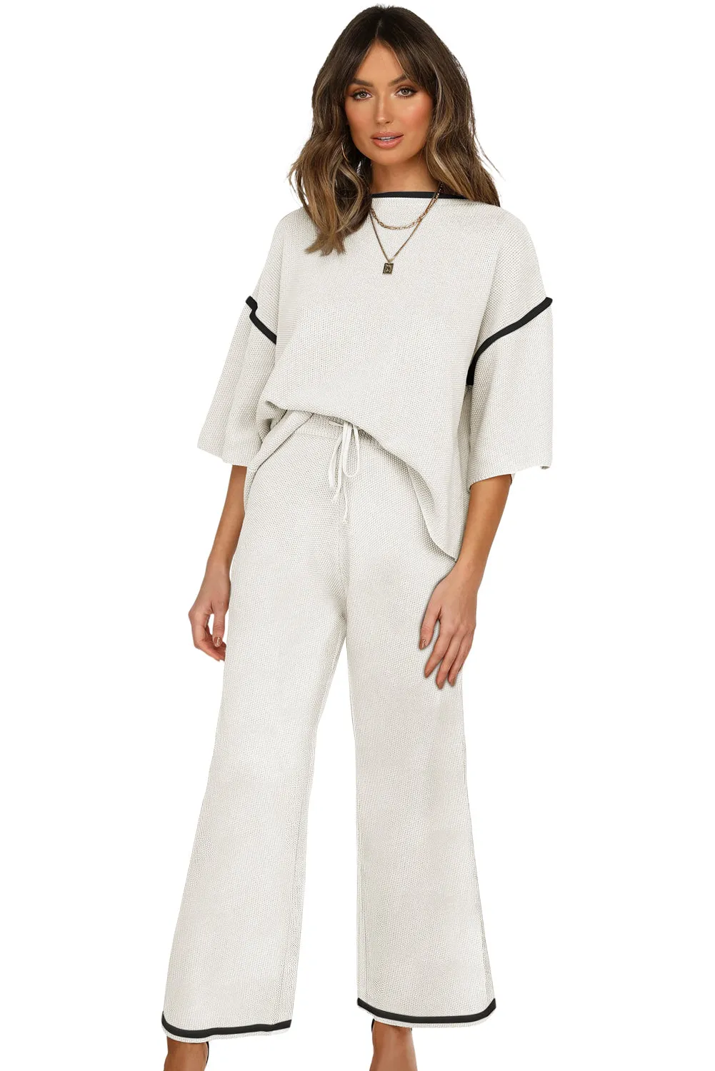 Womens Two Piece Outfits Short Sleeve Knit Sweater Tops Wide Leg Pants Lounge Sets