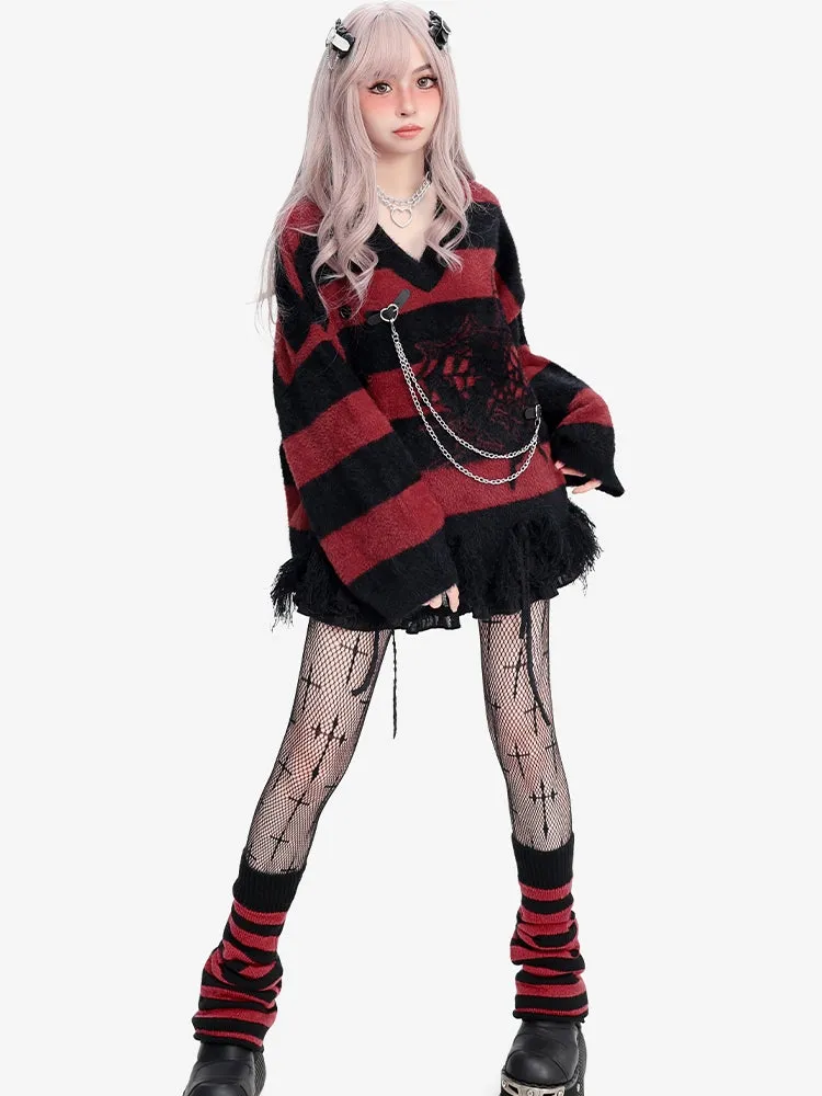 Y2K Black and Red Spider Web Pattern Distress Trim V-neck Striped Sweater Buckle Straps with Chain