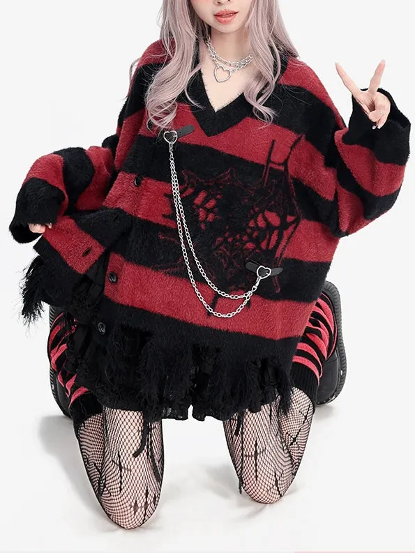 Y2K Black and Red Spider Web Pattern Distress Trim V-neck Striped Sweater Buckle Straps with Chain