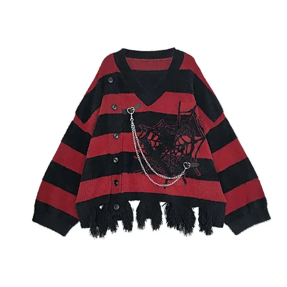 Y2K Black and Red Spider Web Pattern Distress Trim V-neck Striped Sweater Buckle Straps with Chain