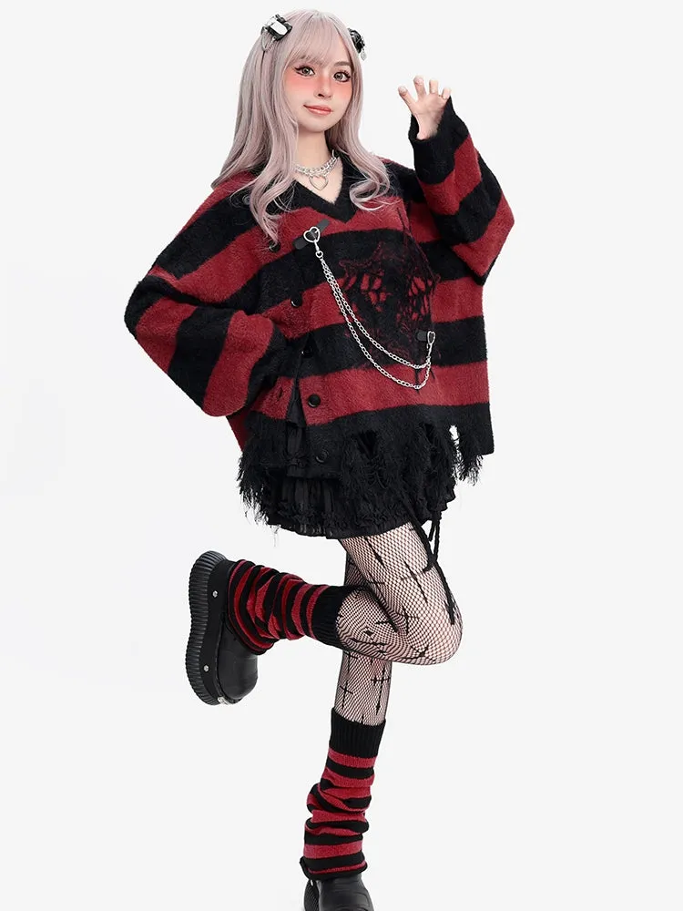 Y2K Black and Red Spider Web Pattern Distress Trim V-neck Striped Sweater Buckle Straps with Chain