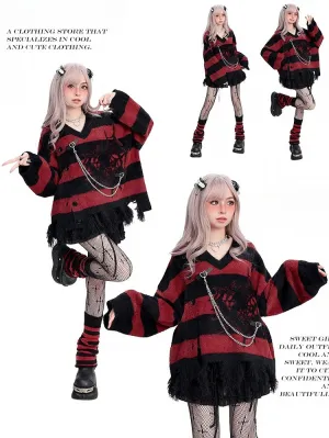 Y2K Black and Red Spider Web Pattern Distress Trim V-neck Striped Sweater Buckle Straps with Chain