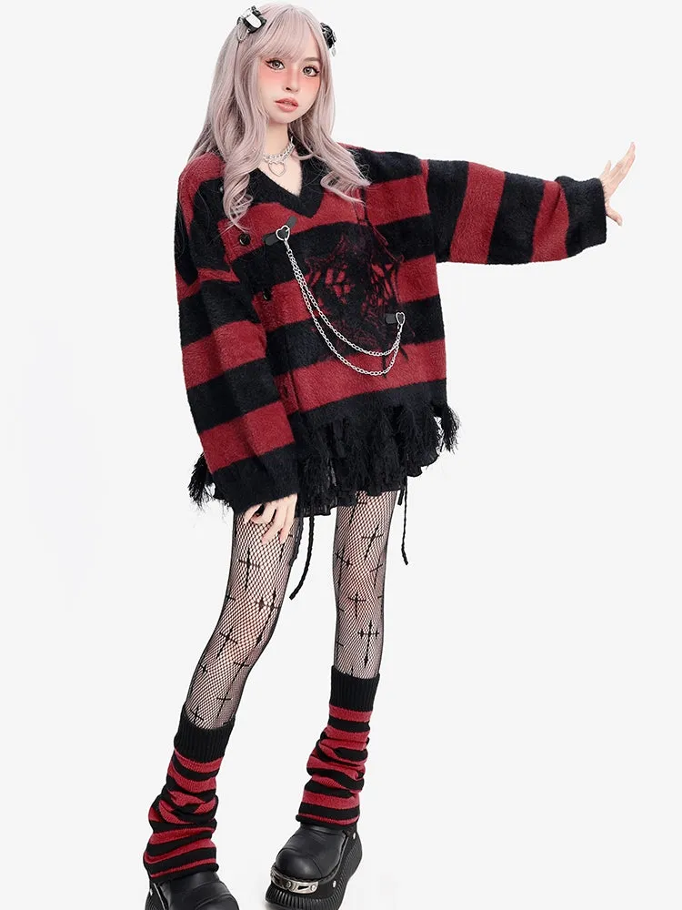 Y2K Black and Red Spider Web Pattern Distress Trim V-neck Striped Sweater Buckle Straps with Chain